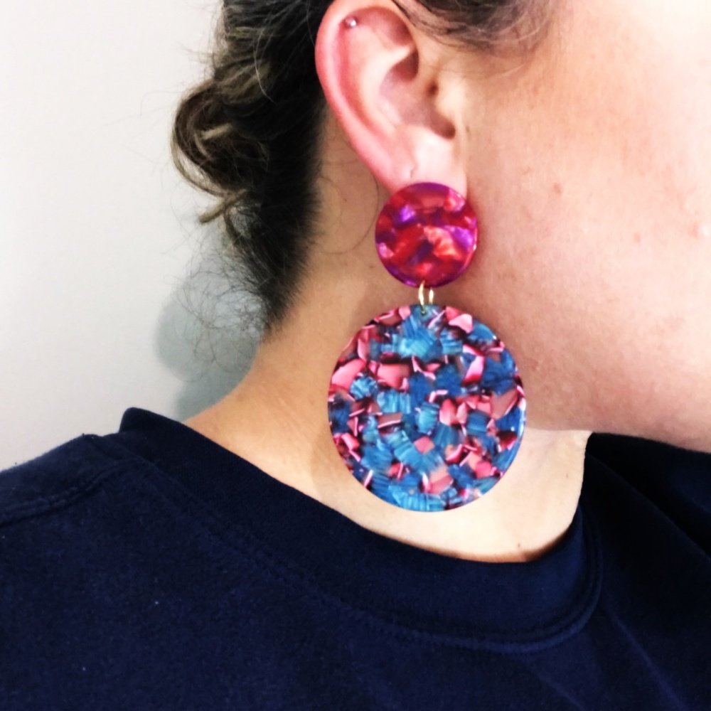 Circle Drop Earrings in Pink and Blue w/ Pink Stud - Picture 8 of 8